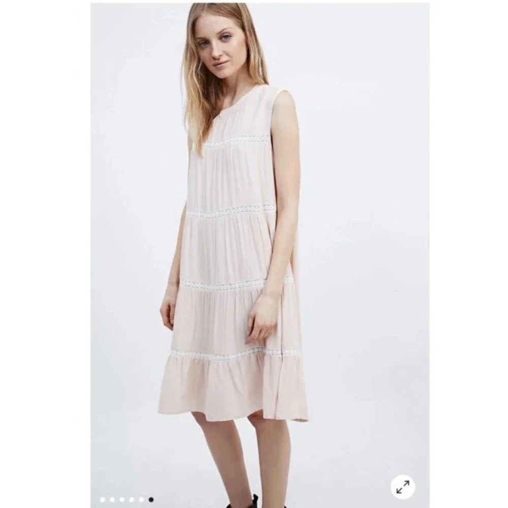 Little White Lies London Tiered Lace Trim Shift Dress Blush Pink Sleeveless S